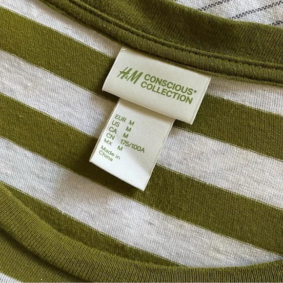 H&M Olive Green & White Striped Short Sleeve Tee Shirt - Picture 7 of 9
